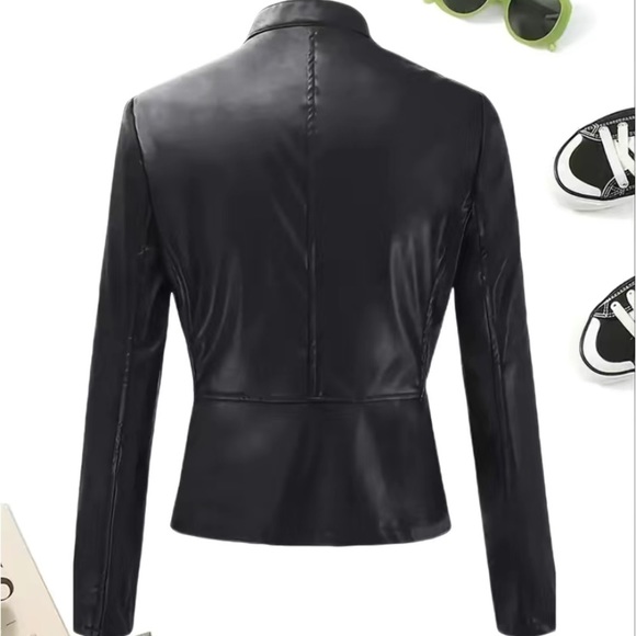 New Solid Zipper Front Faux-Leather Cropped Under-Sized Lightweight Jacket - Picture 4 of 11